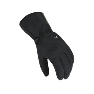 Macna black heated motorcycle glove with power button on the back of the hand