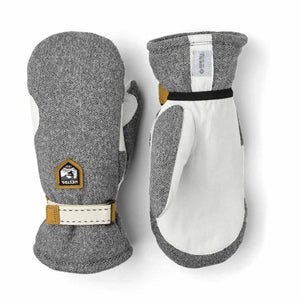 Hestra grey wool mittens with white leather palms and Gore-Tex Infinium branding