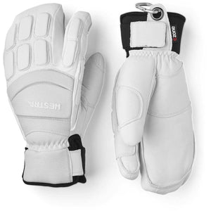 Hestra white leather ski mittens with padded knuckles and wrist strap