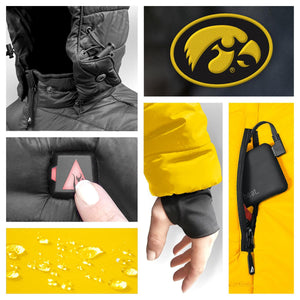 Details of heated jacket including Iowa Hawkeyes logo power button battery pack and water resistant fabric