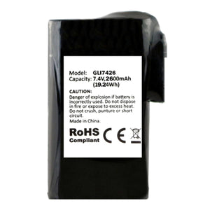 Glovii GLI7426 lithium battery pack with 7.4V 2600mAh capacity and safety warning label