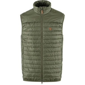 Olive green FjallRaven quilted vest with a full zip front and high collar