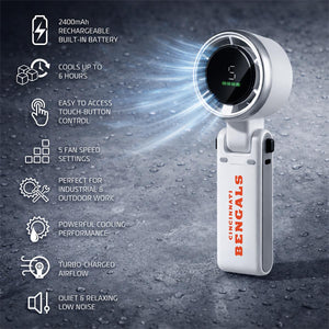 Cincinnati Bengals handheld fan with digital display and feature list including battery life and speed settings