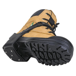 Tan work boot with black rubber ice cleat attachment on the sole