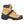 Tan leather work boot with black rubber heel traction attachment and black toe cap