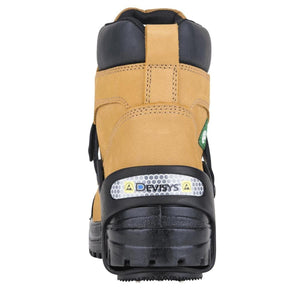 Rear view of a tan work boot equipped with K1 Ice Cleats