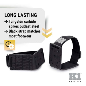 K1 Ice Cleats featuring tungsten carbide spikes and black straps