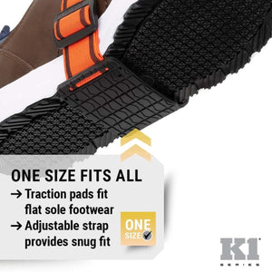 K1 Ice Cleats traction pad attached to a flat sole shoe with an adjustable strap