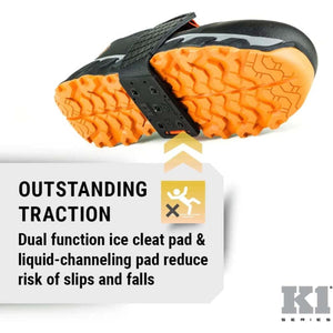K1 Ice Cleats featuring a dual function ice cleat and liquid channeling pad for traction