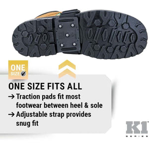 K1 Series traction pad attached to a boot sole with adjustable strap and one size fits all text