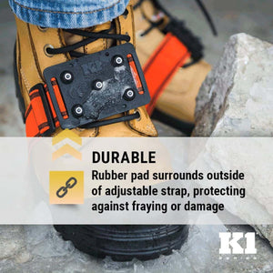 K1 Ice Cleats rubber pad on work boot with orange adjustable strap