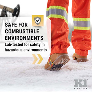 K1 Ice Cleats worn on boots in snow with text stating safe for combustible environments