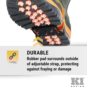 K1 Ice Cleats featuring a durable rubber pad protecting the adjustable strap from fraying
