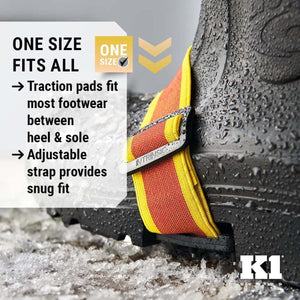 K1 Ice Cleats traction pad with adjustable strap on a boot showing one size fits all feature