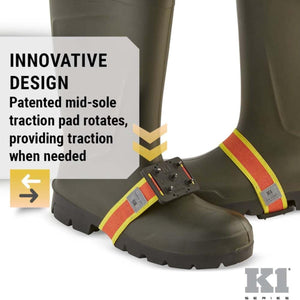 K1 Ice Cleats featuring a rotating mid-sole traction pad on rubber boots