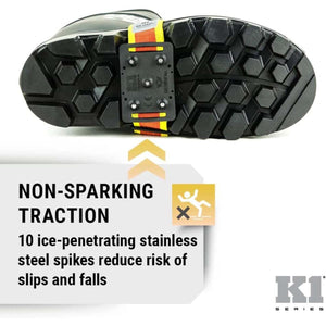 K1 Ice Cleats featuring ten stainless steel spikes attached to a boot sole for non-sparking traction