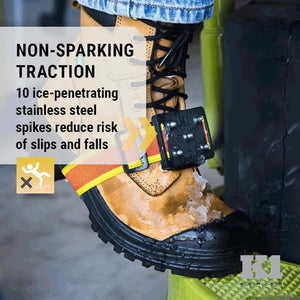 K1 Ice Cleats featuring ten stainless steel spikes attached to a work boot for slip resistance