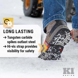 K1 Series traction device with tungsten carbide spikes and high visibility strap on a boot in the snow