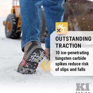 K1 Series ice cleats on a boot sole with ten tungsten carbide spikes for traction on snow