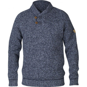 Fjallraven blue marled knit sweater with shawl collar and two buttons