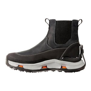Korkers black slip on boot with grey midsole and orange accents