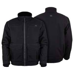 Mobile Warming black jacket with front and back views showing four pockets and a high collar