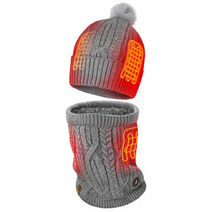 ActionHeat grey cable knit beanie and neck warmer set with glowing orange heating elements