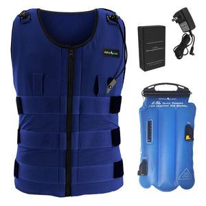 AlphaCool blue cooling vest with rechargeable battery pack charger and 2.5L ice bladder
