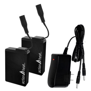 Two ActionHeat battery packs with attached power cables and a wall charger