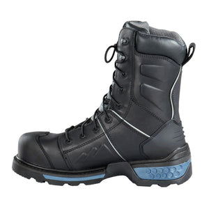 Black leather lace up work boot with blue honeycomb heel detail