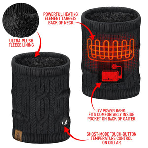 ActionHeat black cable knit neck gaiter with fleece lining heating element and power bank pocket