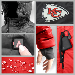 ActionHeat jacket features including Kansas City Chiefs logo, power button, battery pack, and water resistant fabric