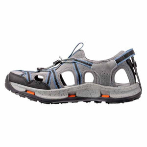 Korkers grey and blue water sandal with toggle lacing and speckled midsole