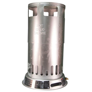 Cylindrical silver propane heater with ventilation slots and warning text