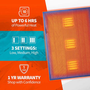 Gobi Heat product features showing six hours of heat three settings and one year warranty
