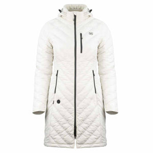 Off white quilted long hooded jacket with black zipper details and chest pocket