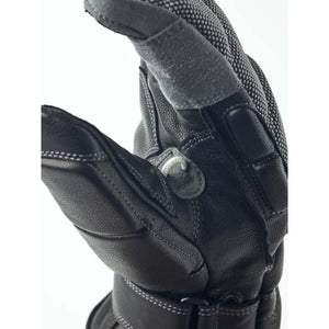 Hestra black leather glove palm detail with reinforced grip and stitching