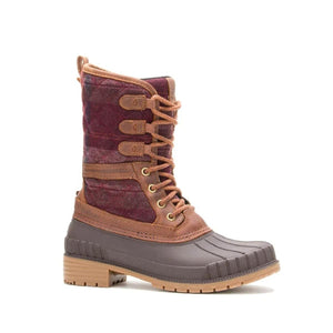 Kamik burgundy plaid lace up winter boot with brown rubber base and leather trim