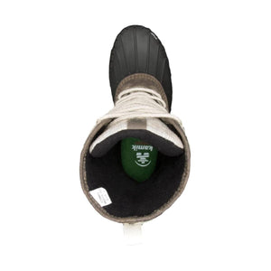 Top view of Kamik winter boot showing black rubber toe and lace up closure
