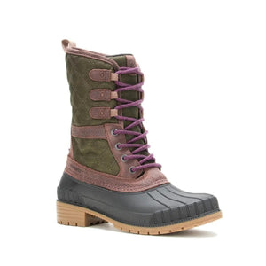 Kamik olive and brown quilted winter boot with purple laces and black rubber base