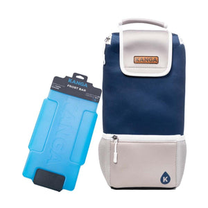 Kanga Frost Bar ice pack and blue and grey insulated beverage cooler bag