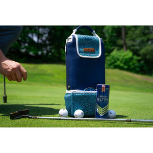 Kanga Coolers golf bag cooler with Michelob Ultra can and golf balls on a putting green