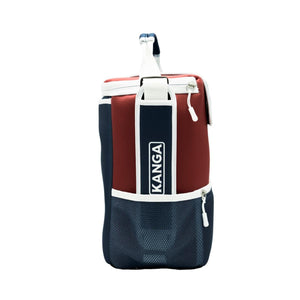 Kanga Coolers insulated beverage bag with red and navy panels and front mesh pocket