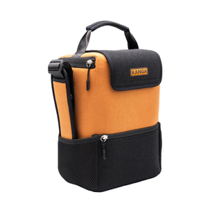 Kanga Coolers orange and black insulated soft cooler bag with top handle and front mesh pocket