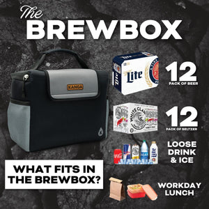 Kanga Coolers Brewbox showing capacity for 12 pack beer 12 pack seltzer loose drinks ice and lunch