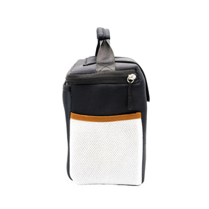 Side view of black insulated lunch bag with white mesh pocket and brown trim