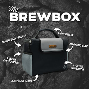 Kanga Brewbox cooler bag with labels for magnetic flap, mesh pockets, insulation, and leakproof liner