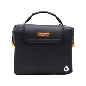 Black Kanga cooler bag with top handle and orange logo patch