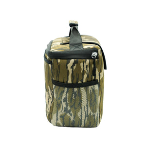Side view of Kanga Coolers camo pattern soft cooler with mesh pocket