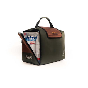 Kanga Coolers olive green insulated beverage bag holding a 30 pack of Natural Light beer